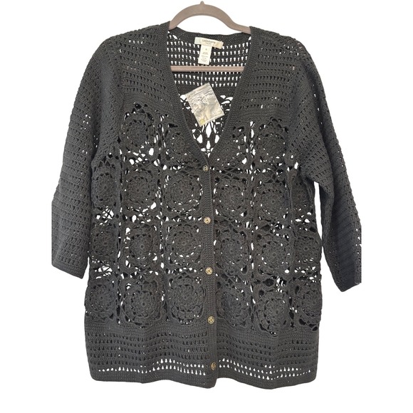 Liz Claiborne New York Black Crochet Cardigan Floral Open Knit V-Neck Medium - Picture 2 of 4
